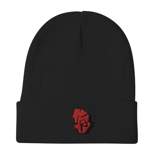 Close-up of Black Skullcap Beanie with a Slouchy Fit, showing the detailed white embroidery on the front of the knit cap.