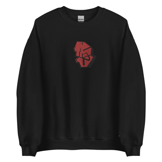 Full-shot of the Black Custom Embroidered Sweatshirt with the "Knowledge Head" logo on the chest, showcasing the long sleeve pullover fit.