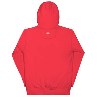Red ADMIN ALL IN Hoodie with drawstrings and front pouch pocket, made from soft cotton-polyester blend.