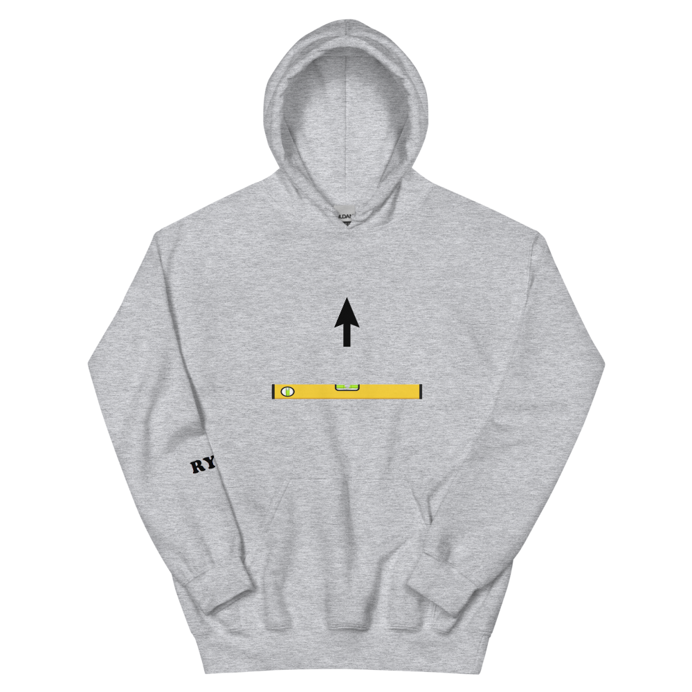 construction hoodie Close-up of the bubble level graphic print on a grey workwear hoodie.
Stylish contractor wearing the level up apparel pullover with subtle sleeve branding.