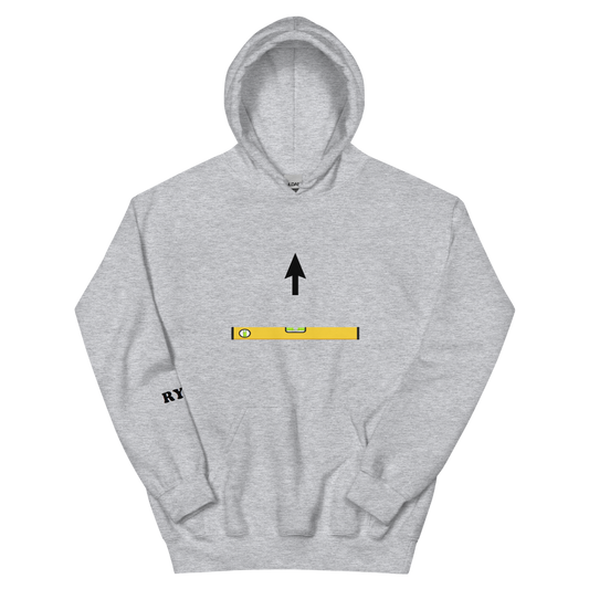 construction hoodie Close-up of the bubble level graphic print on a grey workwear hoodie.
Stylish contractor wearing the level up apparel pullover with subtle sleeve branding.