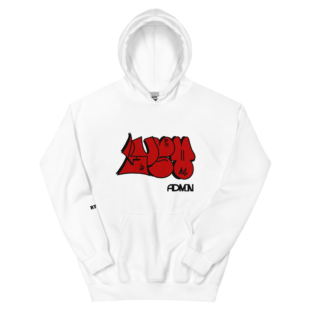 White hoodie with red and black text and graphic design on the front, featuring a double-lined hood with a matching drawcord.
classic hoodie women
Close-up texture of soft classic hoodie cotton fleece material.