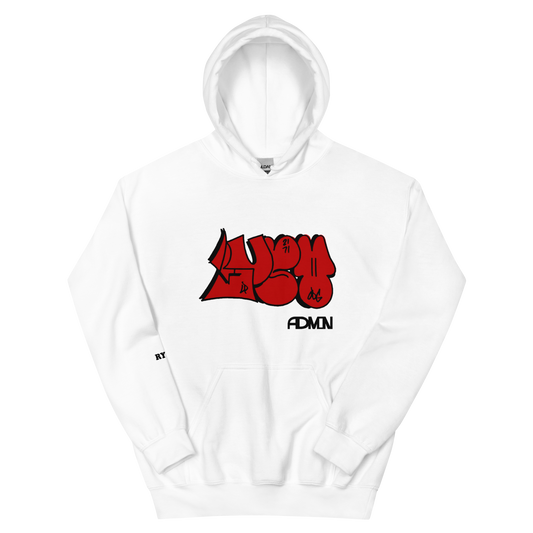 White hoodie with red and black text and graphic design on the front, featuring a double-lined hood with a matching drawcord.
classic hoodie women
Close-up texture of soft classic hoodie cotton fleece material.